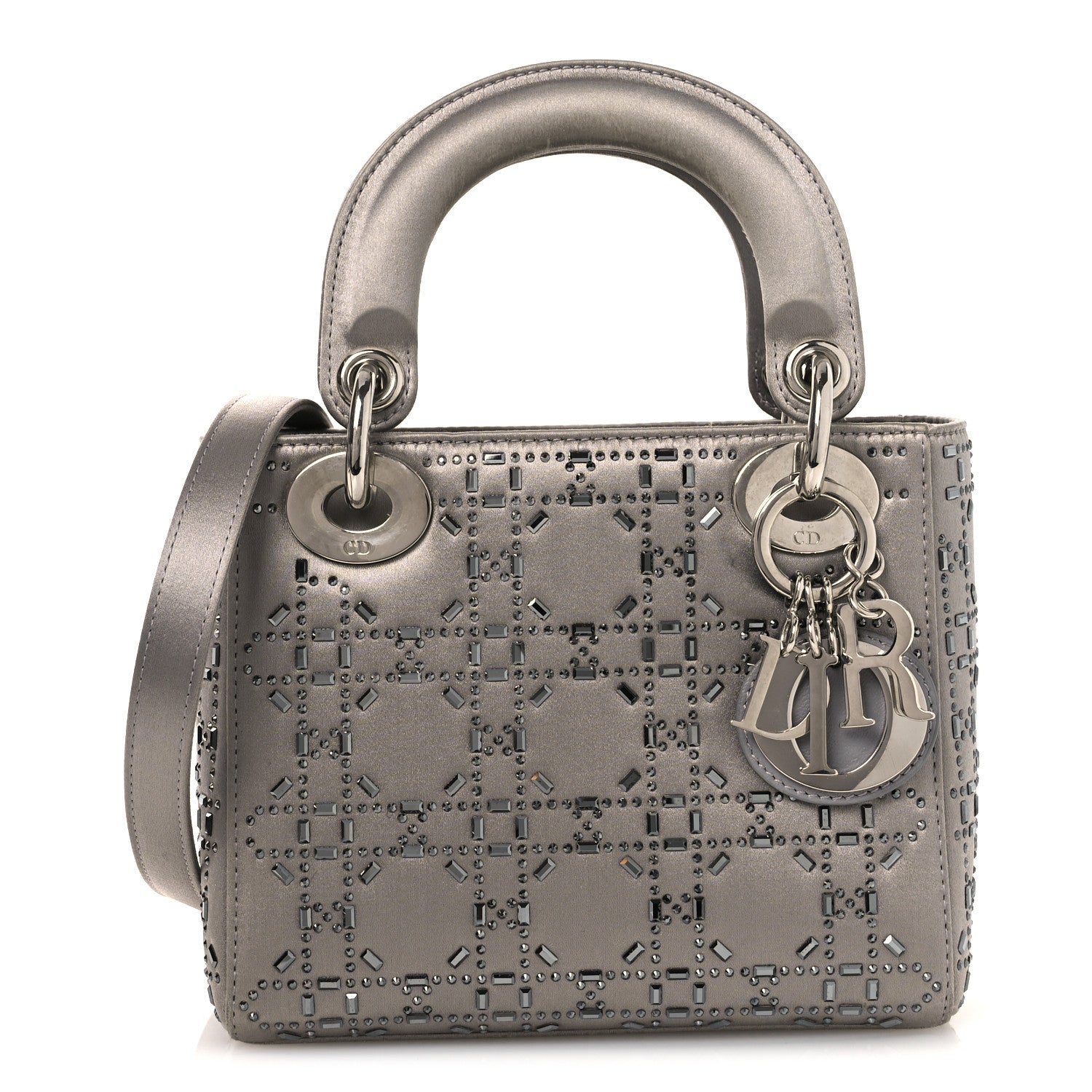 Satin Crystal Cannage Mini Lady Dior Gray