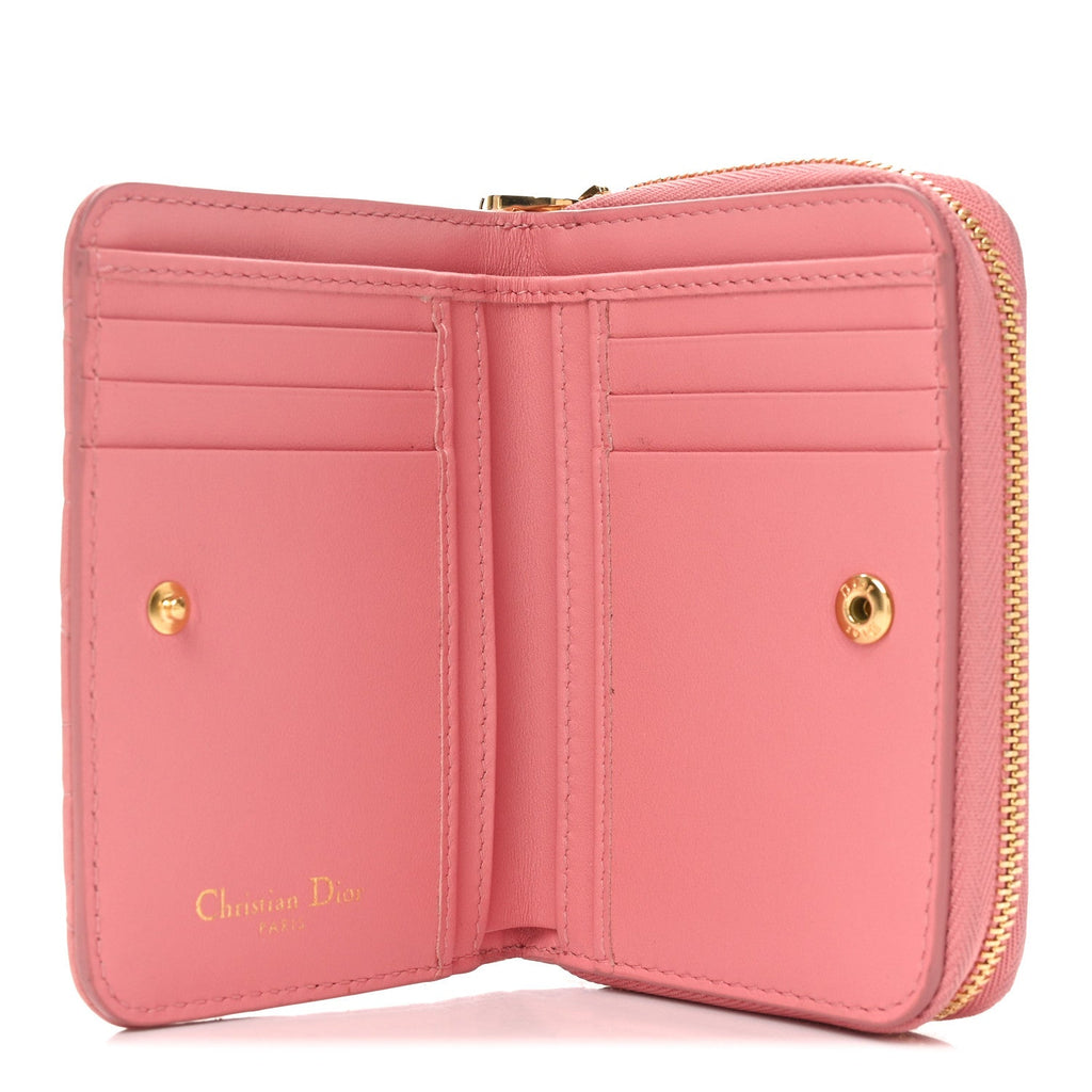 Grained Calfskin Supple Cannage Caro Compact Zipped Wallet Pink