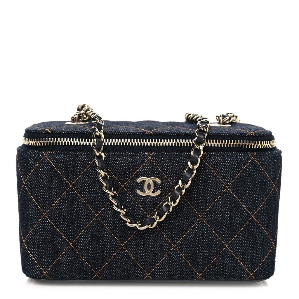 Denim Quilted Vanity Case With Chain Dark Blue
