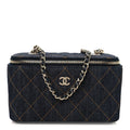 Denim Quilted Vanity Case With Chain Dark Blue