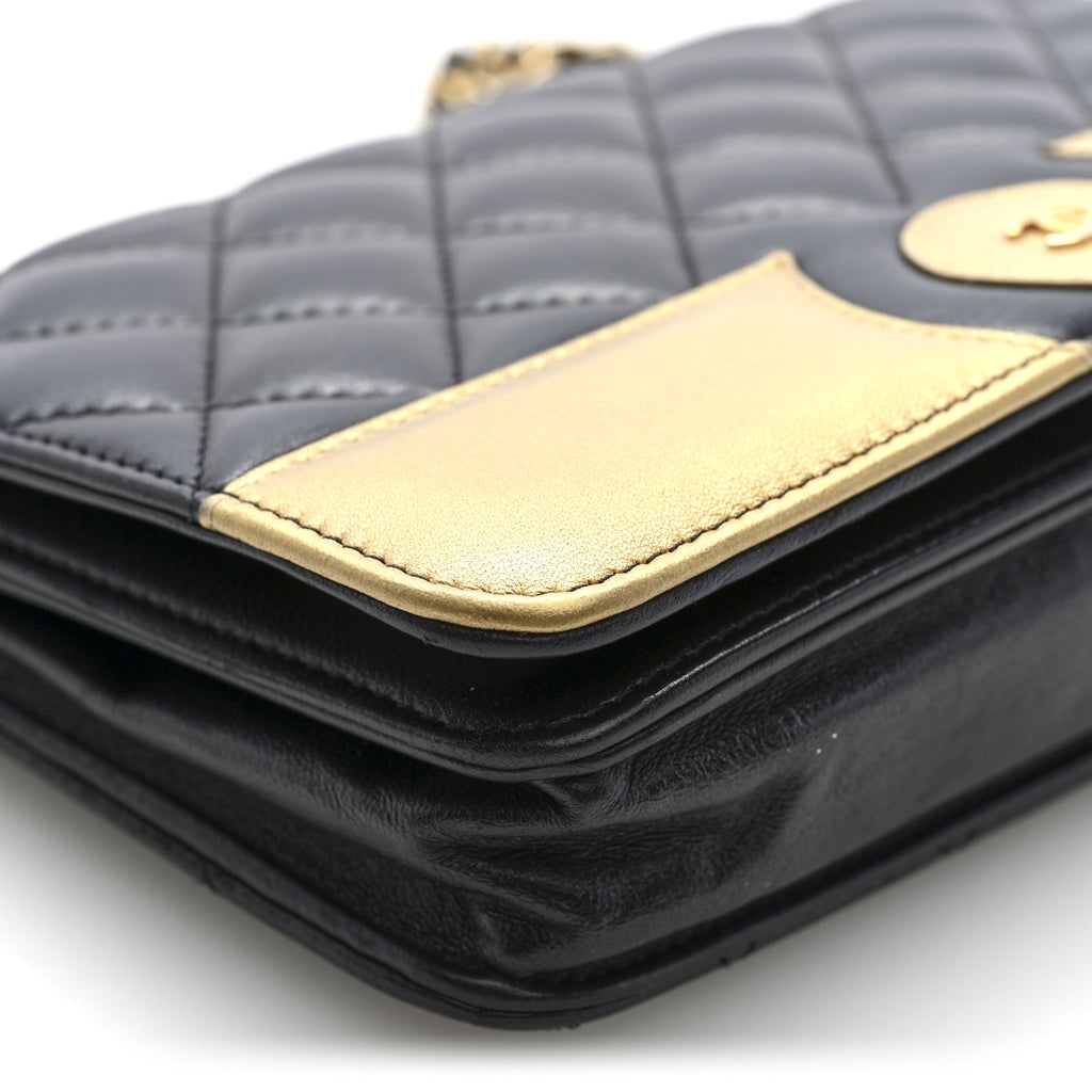 Lambskin Quilted Wallet On Chain WOC Black Gold
