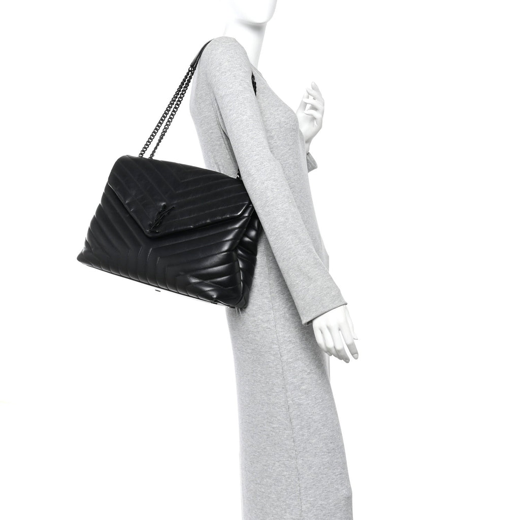 Calfskin Y Quilted Monogram Large Loulou Chain Satchel Black