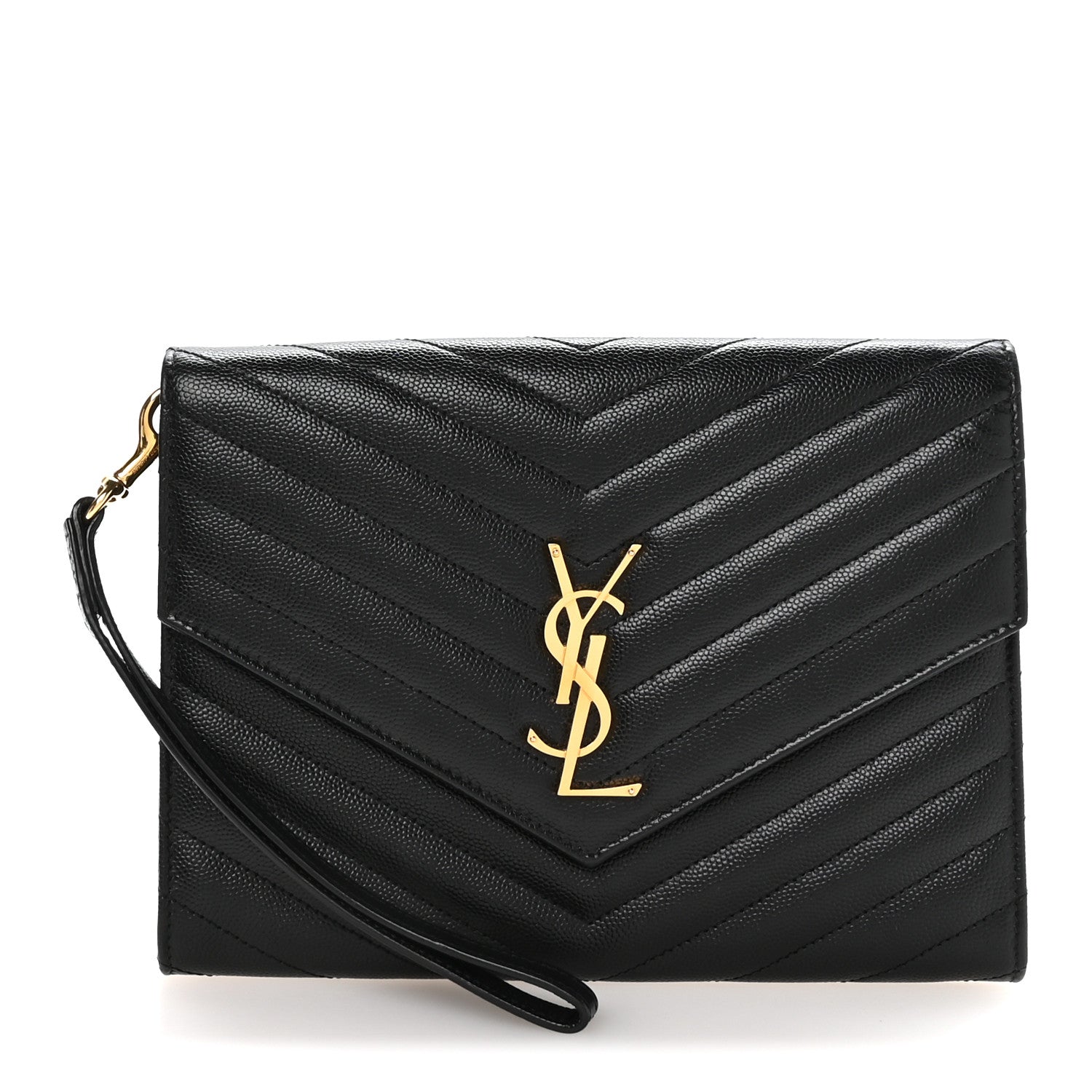Grain De Poudre Matelasse Chevron Monogram Envelope Clutch Black