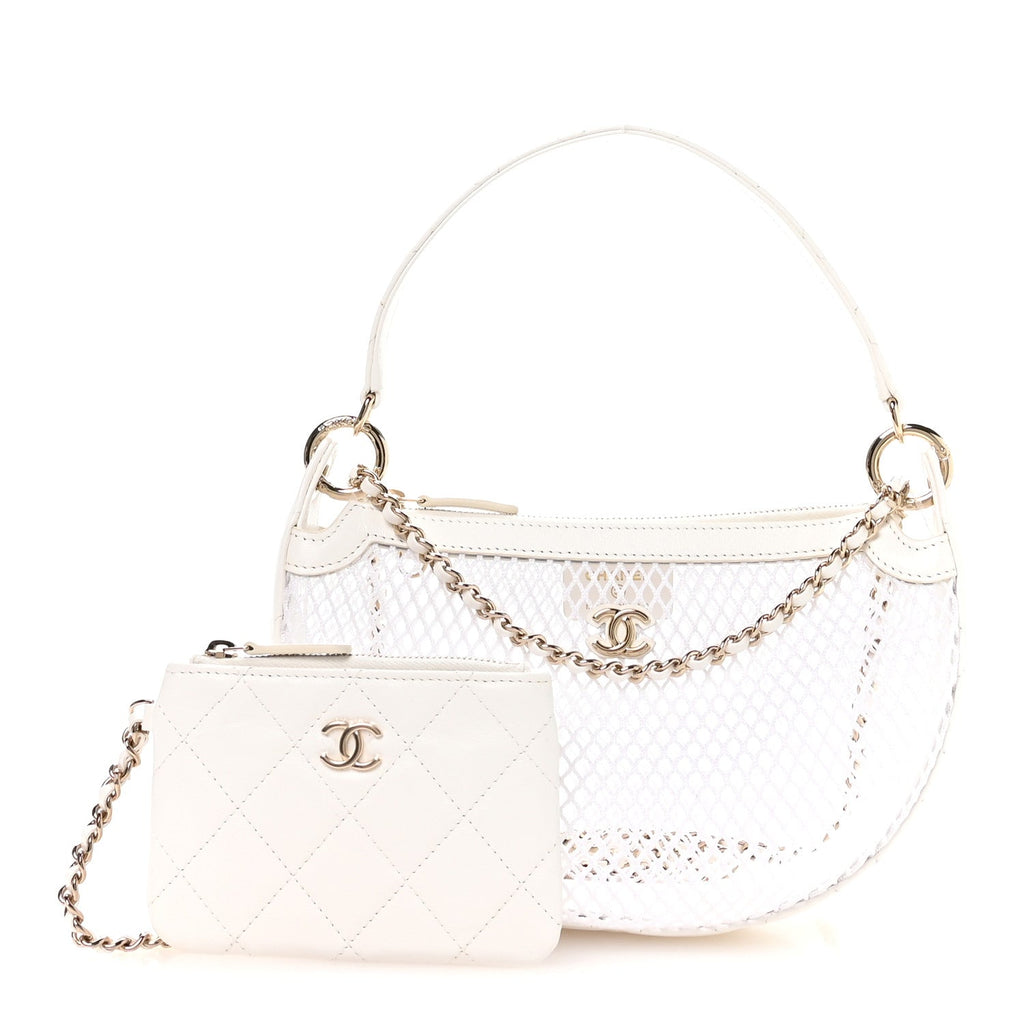 Mesh Shiny Lambskin Chain Hobo White