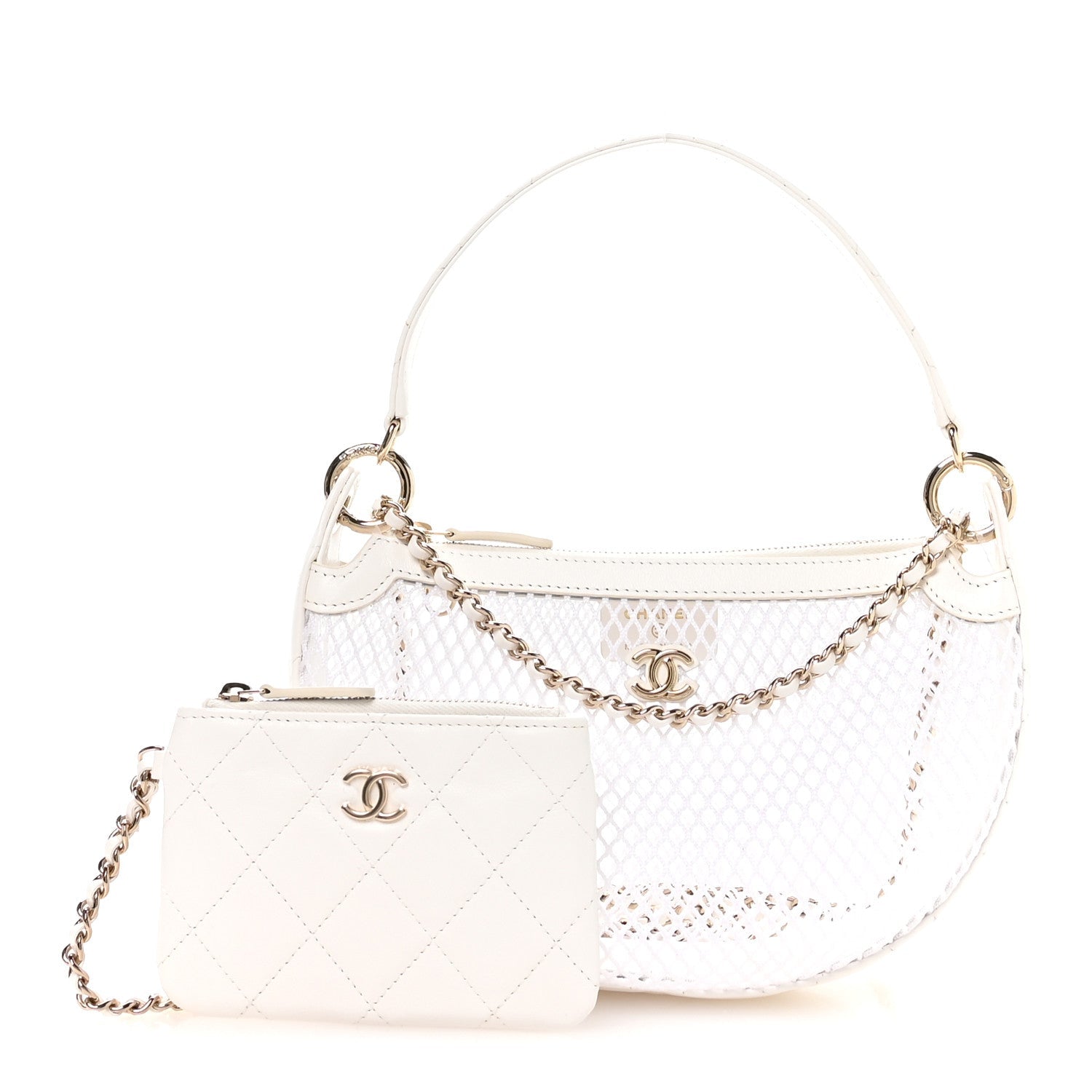 Mesh Shiny Lambskin Chain Hobo White