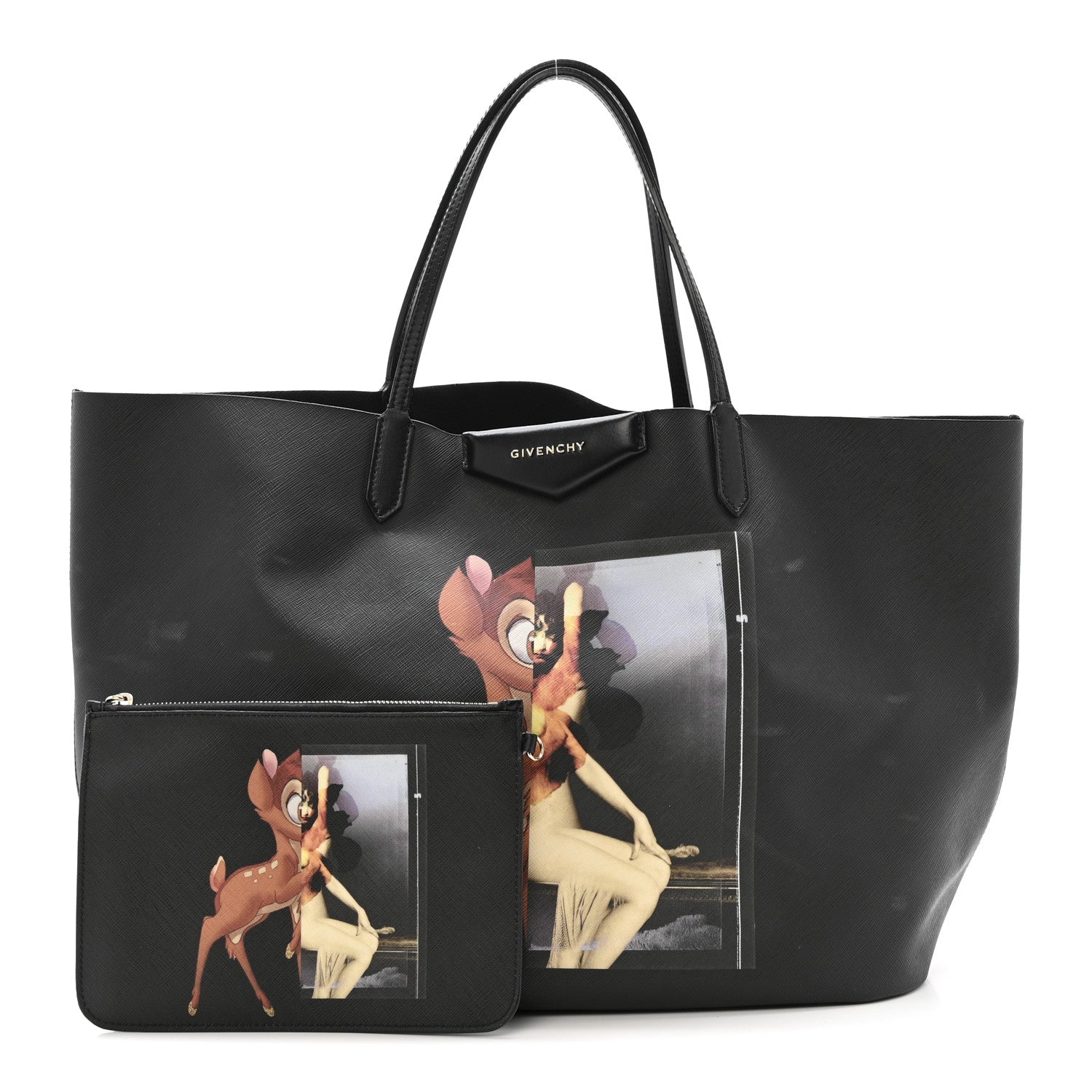 Textured Coated Canvas Bambi Print Large Antigona Tote Black