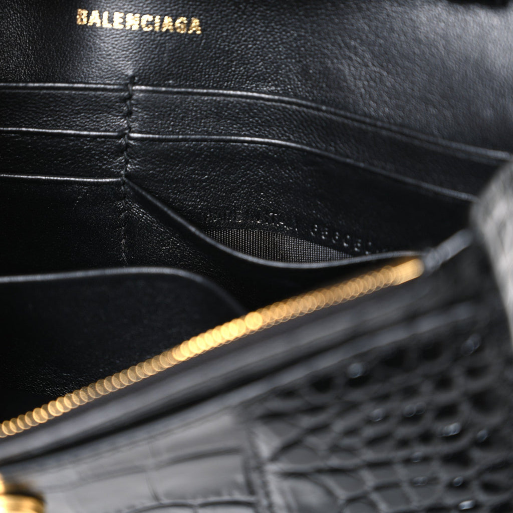 Shiny Calfskin Crocodile Embossed Hourglass Chain Bag Black
