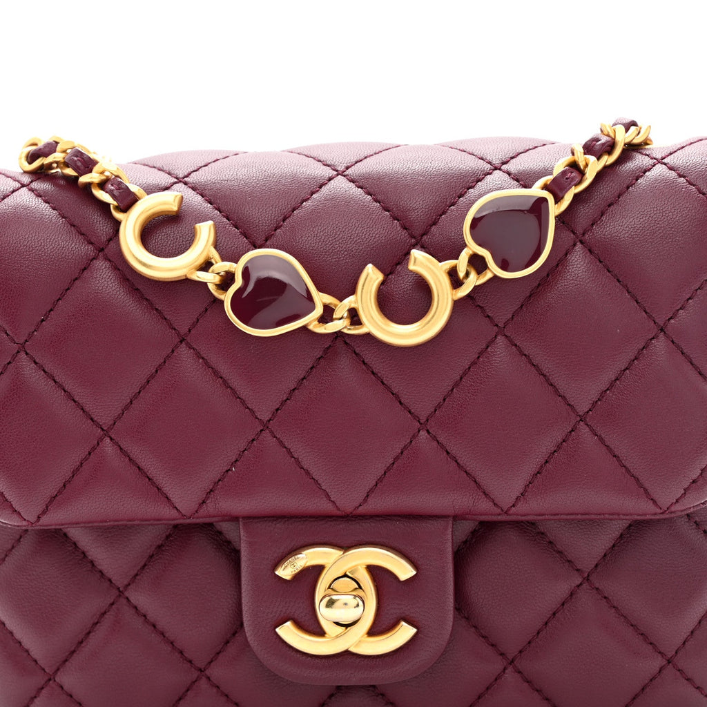 Lambskin Enamel Quilted Mini Coco Hearts Square Flap Burgundy