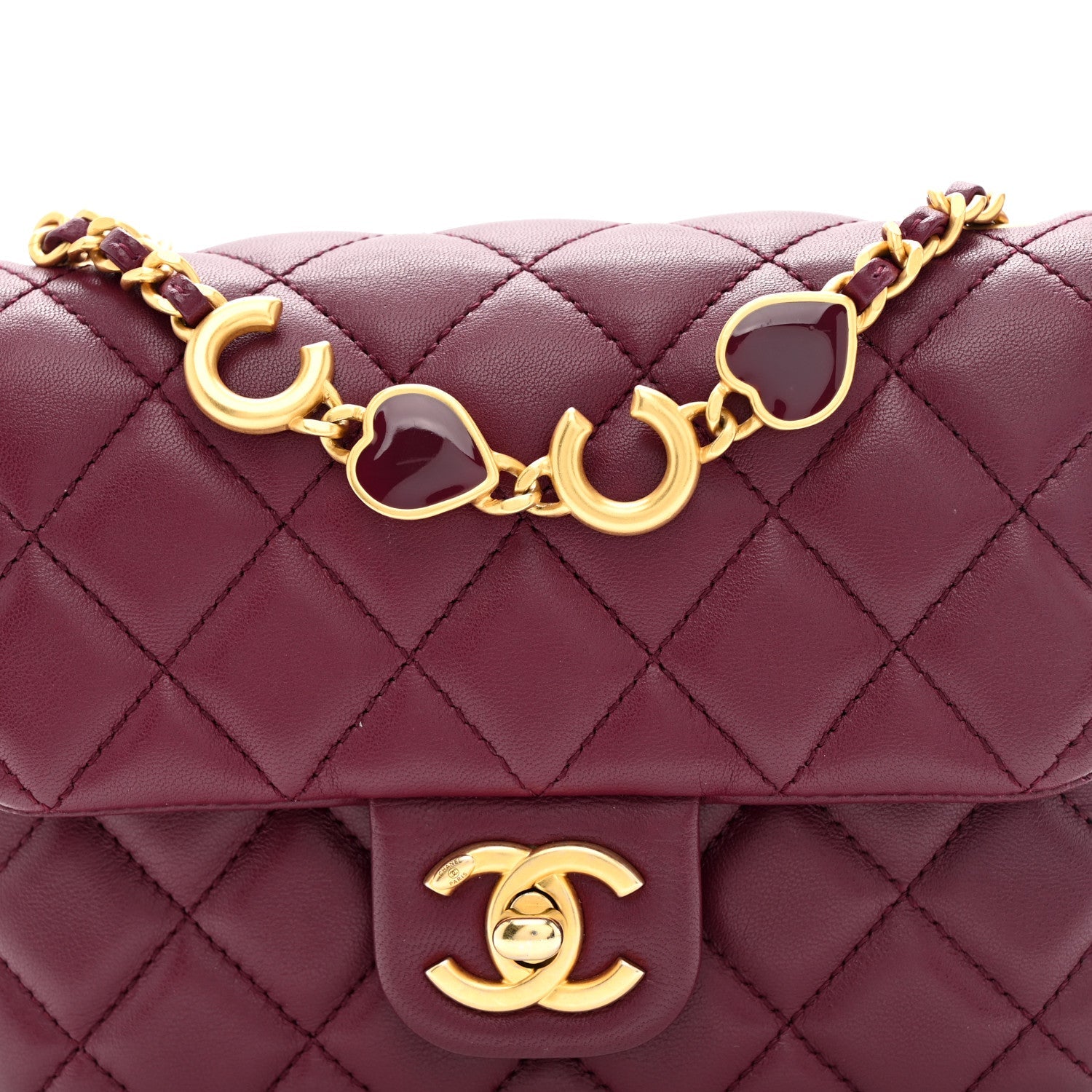 Lambskin Enamel Quilted Mini Coco Hearts Square Flap Burgundy