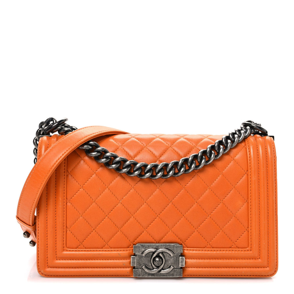 Lambskin Quilted Medium Boy Flap Orange