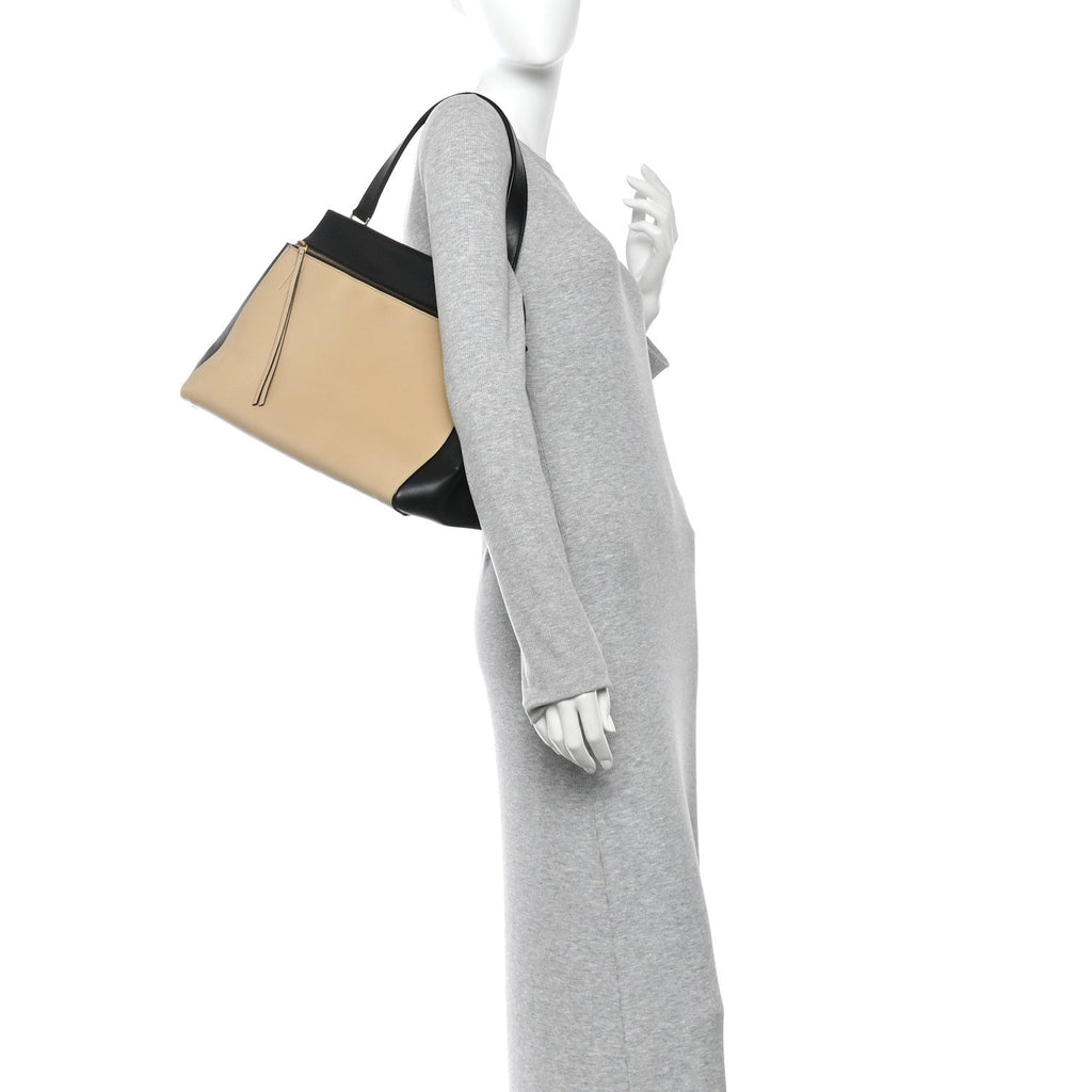 Smooth Calfskin Medium Bi-Color Edge Shoulder Bag Black Beige