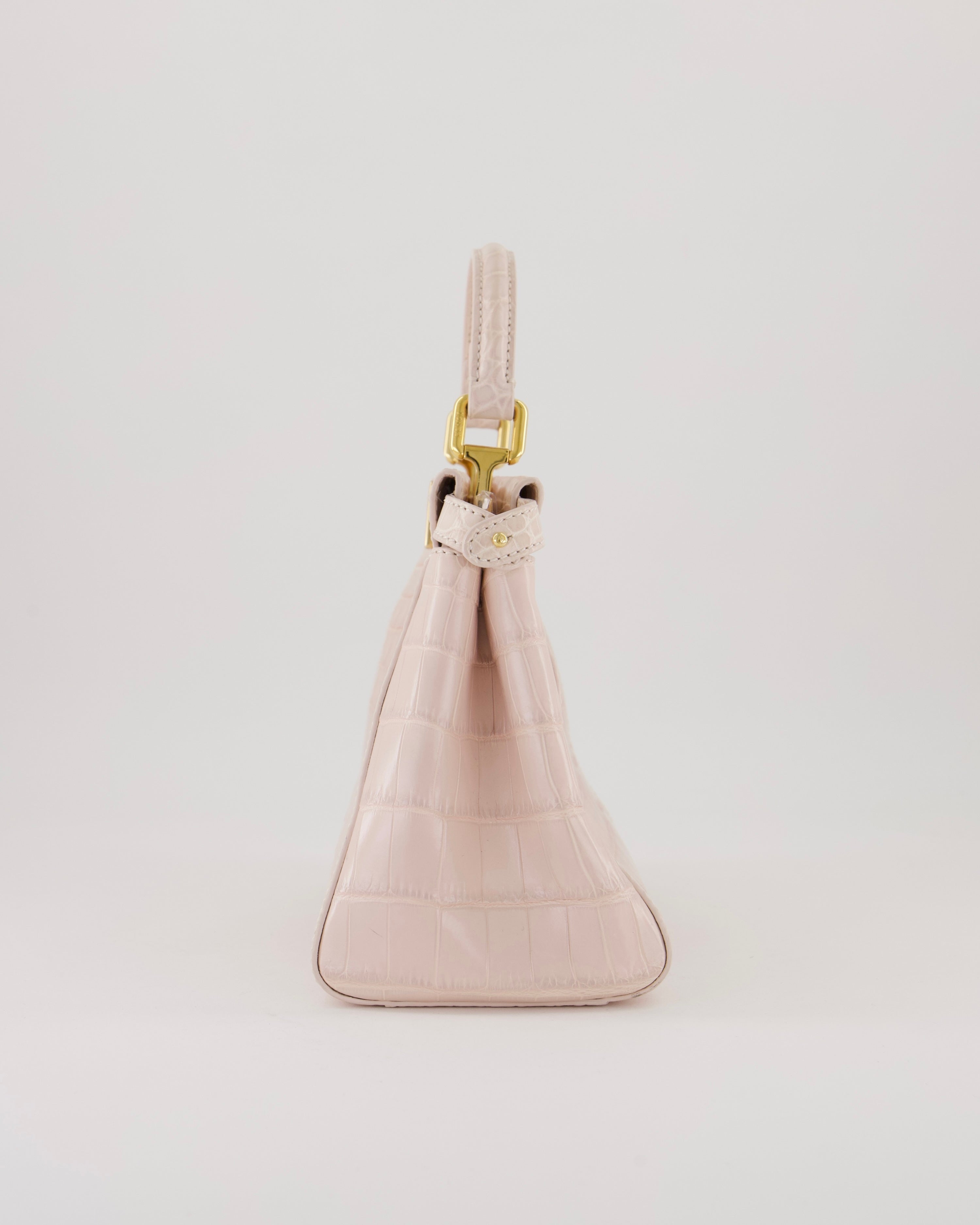 Fendi Mini Peekaboo in Egg Shell & Rose Niloticus Crocodile Leather with Gold Hardware