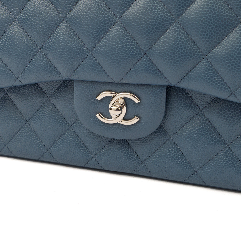 Chanel Shoulder Bag Classic Double Flap - Large in Blue, Caviar Leather