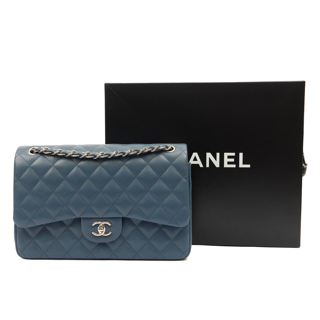 Chanel Shoulder Bag Classic Double Flap - Large in Blue, Caviar Leather