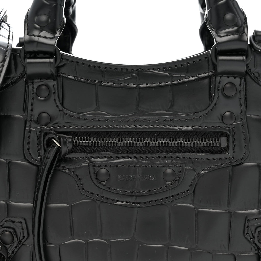 Semi Shiny Calfskin Crocodile Embossed Neo Classic Black Hardware Mini City Black