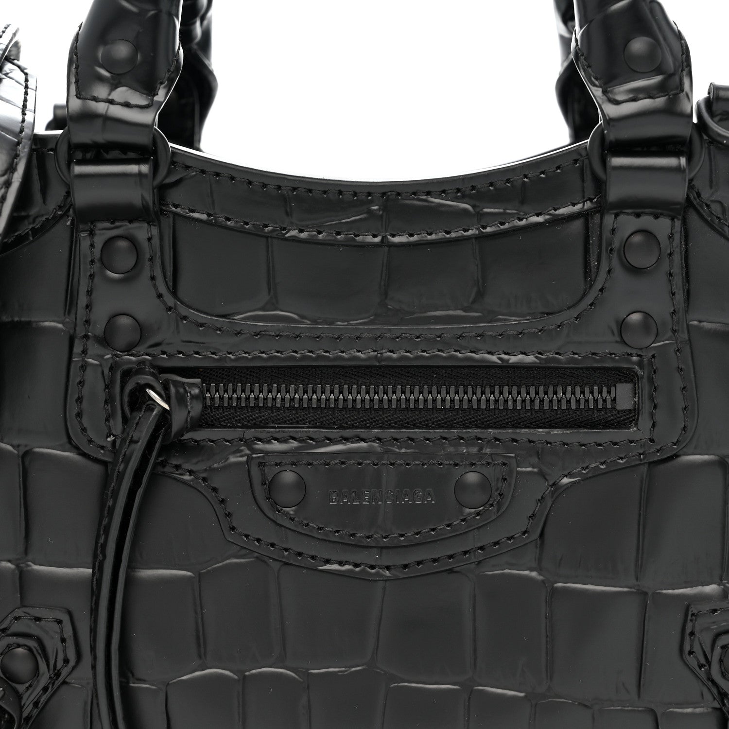 Semi Shiny Calfskin Crocodile Embossed Neo Classic Black Hardware Mini City Black