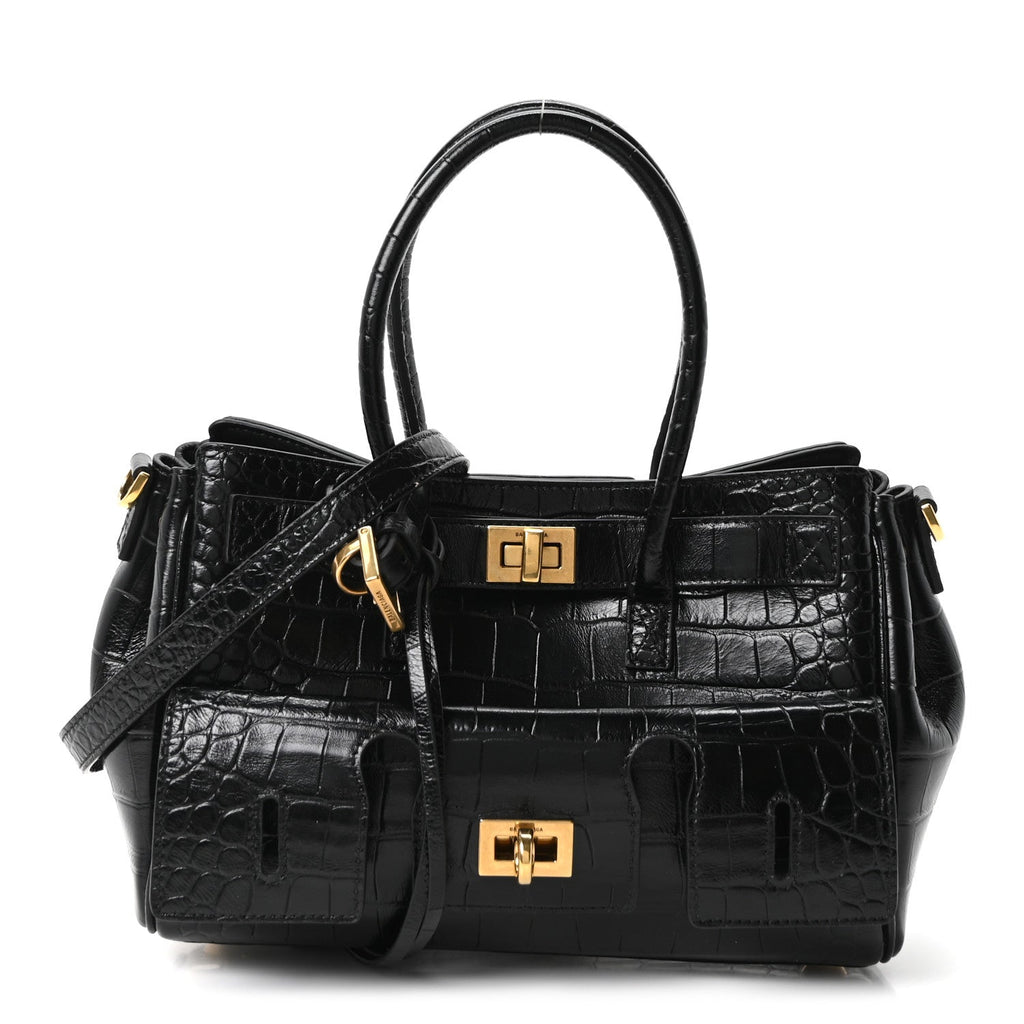 Calfskin Crocodile Embossed Mini Bel Air Carry All Bag Black