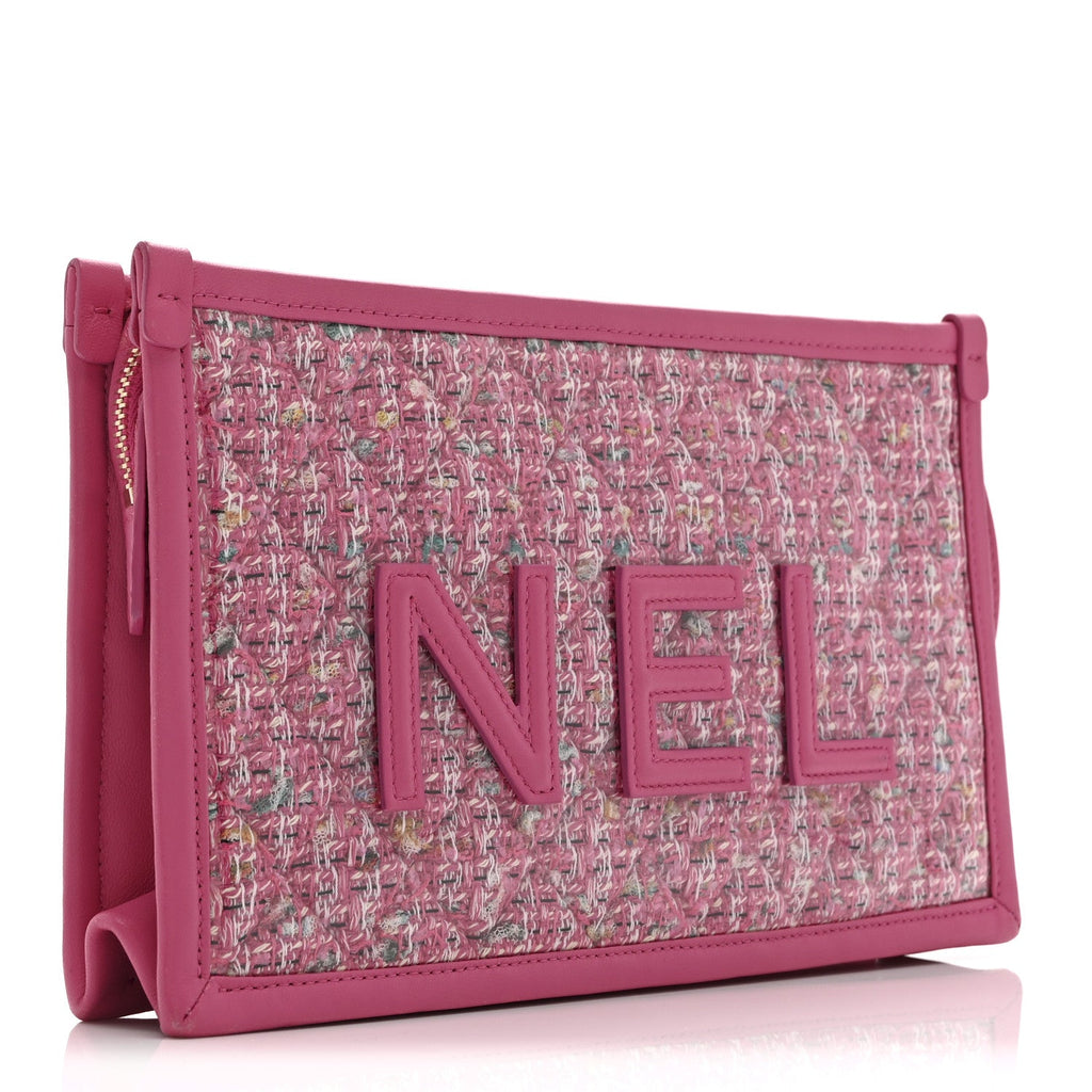 Tweed PVC Lambskin Wristlet Pouch Pink