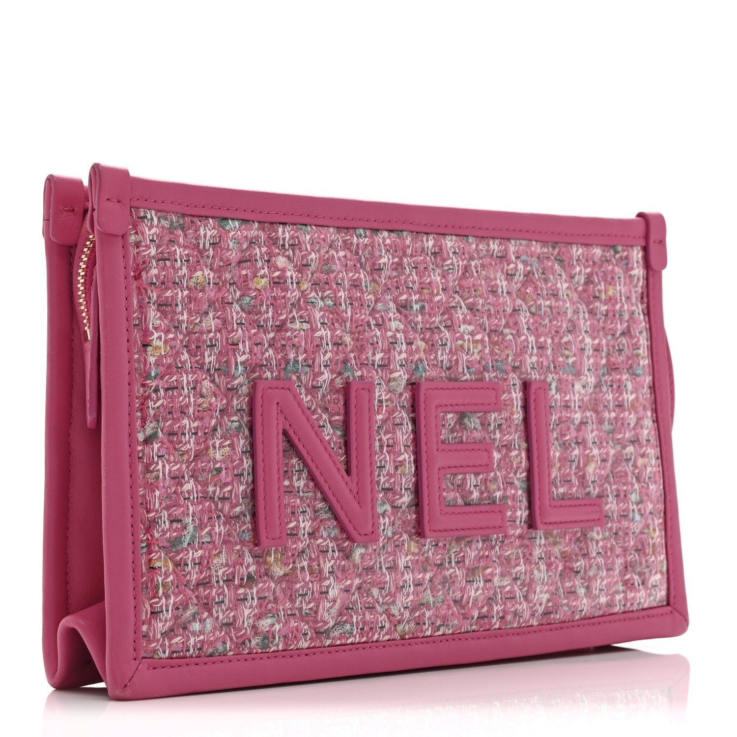 Tweed PVC Lambskin Wristlet Pouch Pink