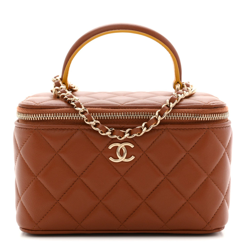 Lambskin Quilted Small Top Handle Vanity Case With Chain Light Brown Yellow