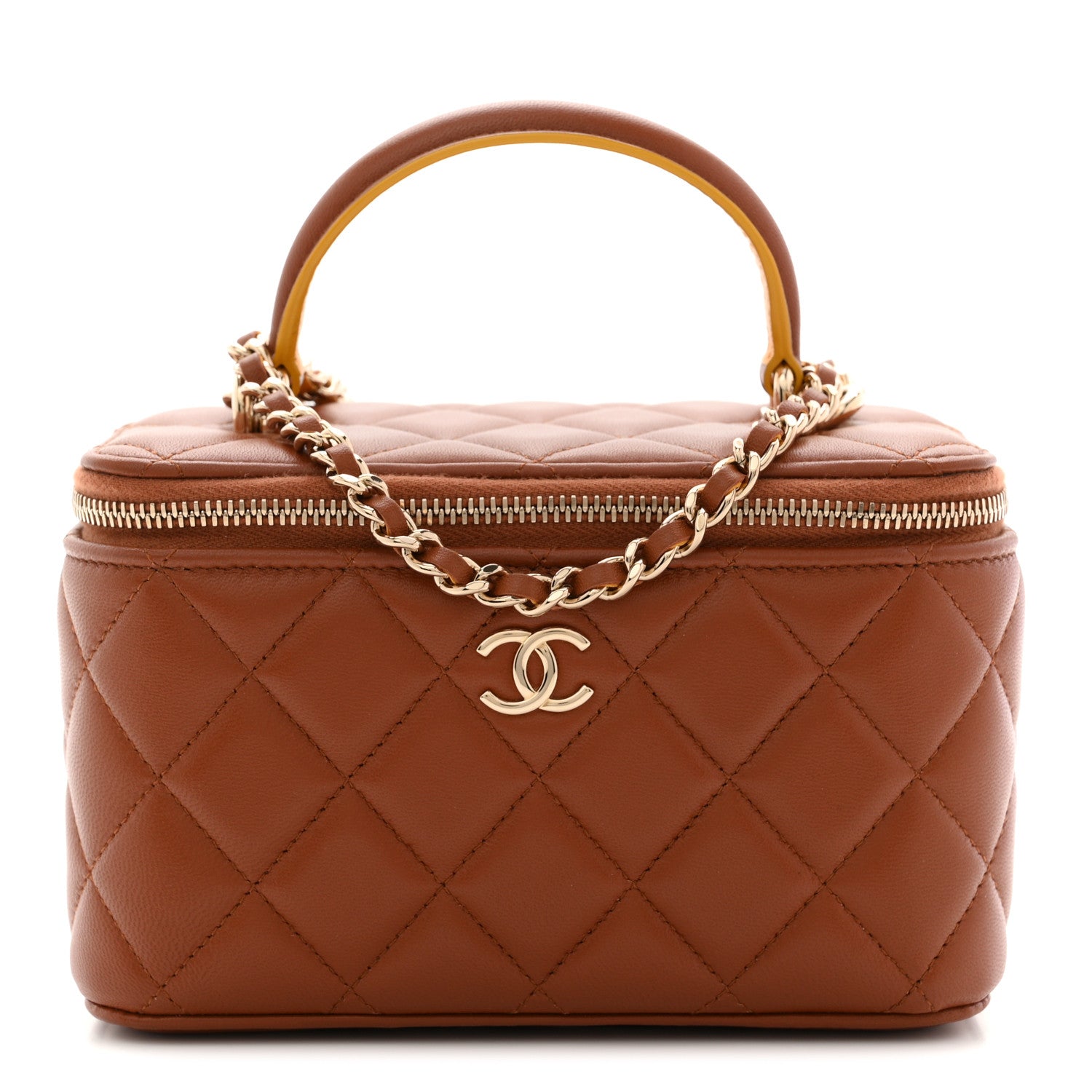 Lambskin Quilted Small Top Handle Vanity Case With Chain Light Brown Yellow
