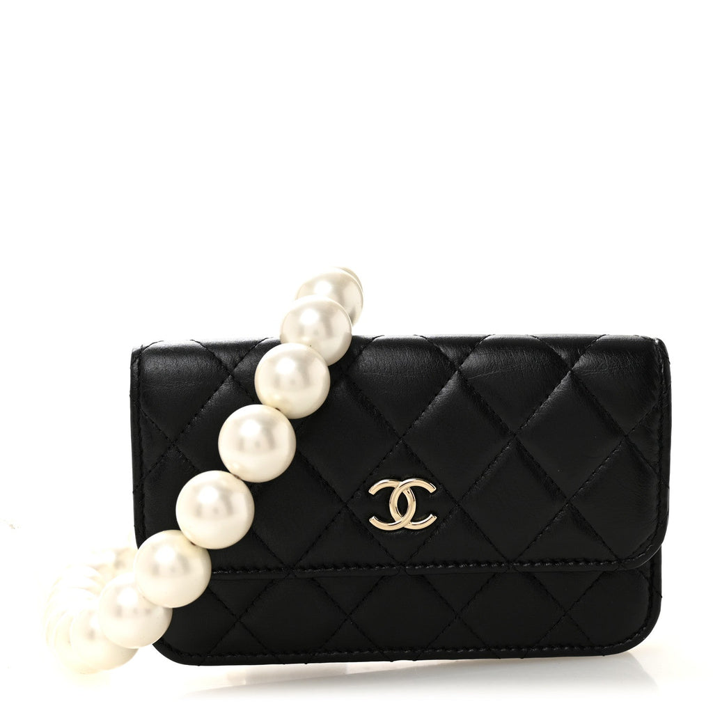 Calfskin Quilted Maxi Pearls Clutch With Chain Black