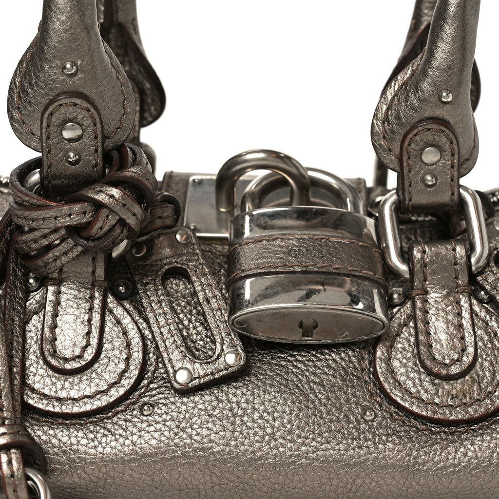 Metallic Calfskin Small Paddington Satchel Acier