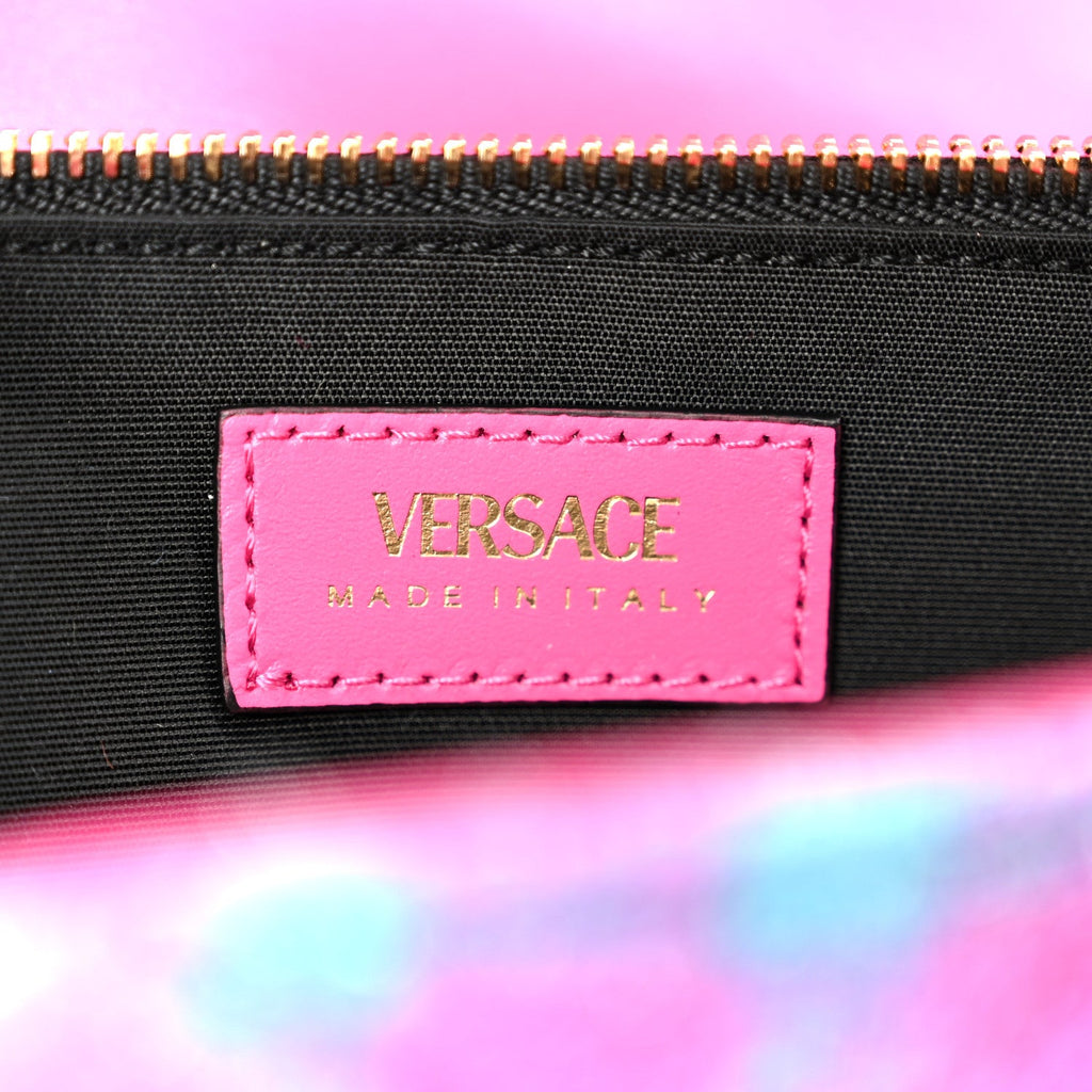 Tweed Quilted Medusa Wallet on Chain Crossbody Pink Blue