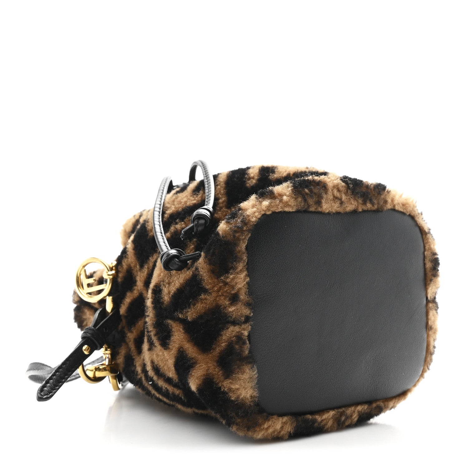 Shearling Vitello Dolce F is Fendi Macro FF 1974 Mini Mon Tresor Bucket Bag Tobacco Black
