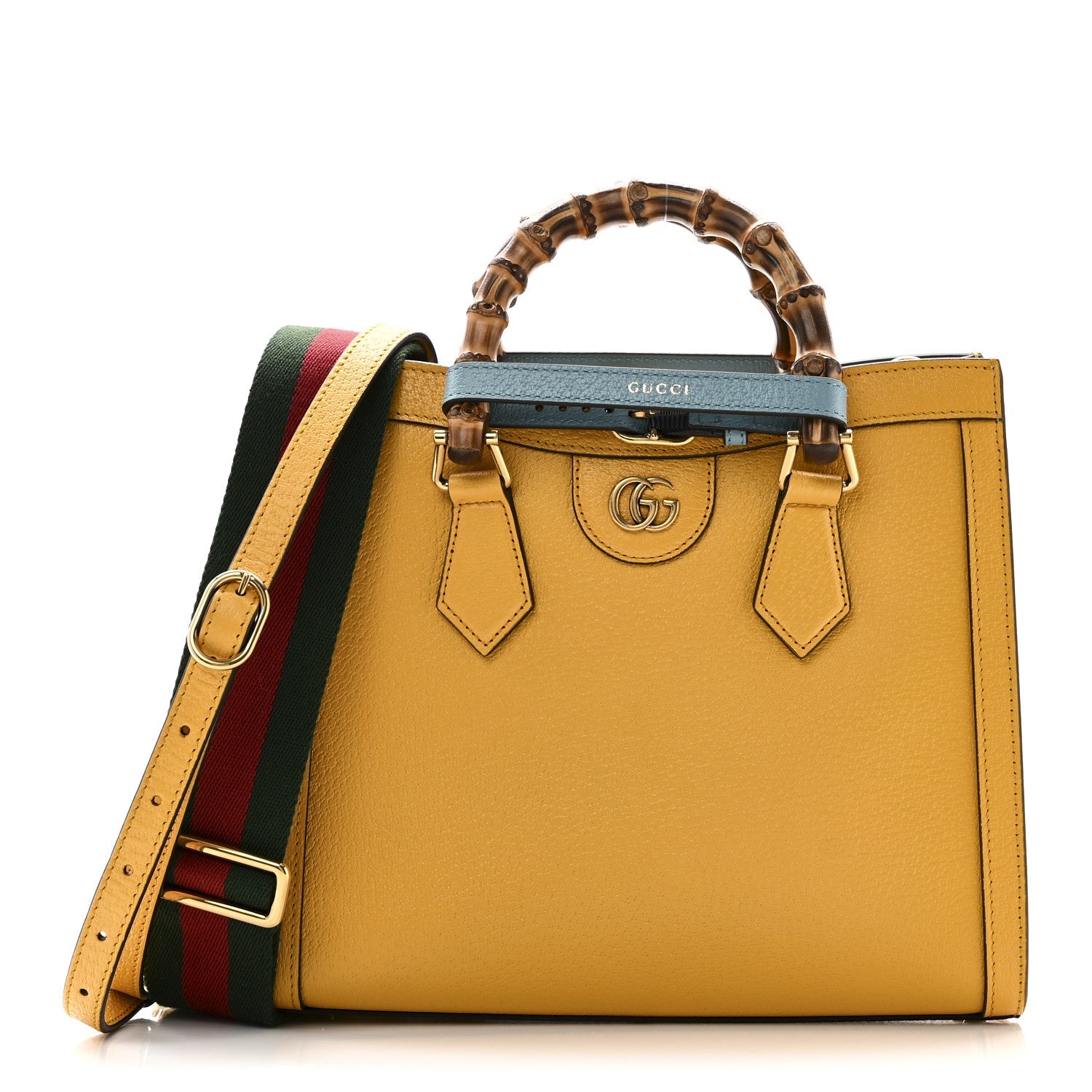 Textured Dollar Calfskin Web Small Diana Tote Bag Yellow Dusty Azure