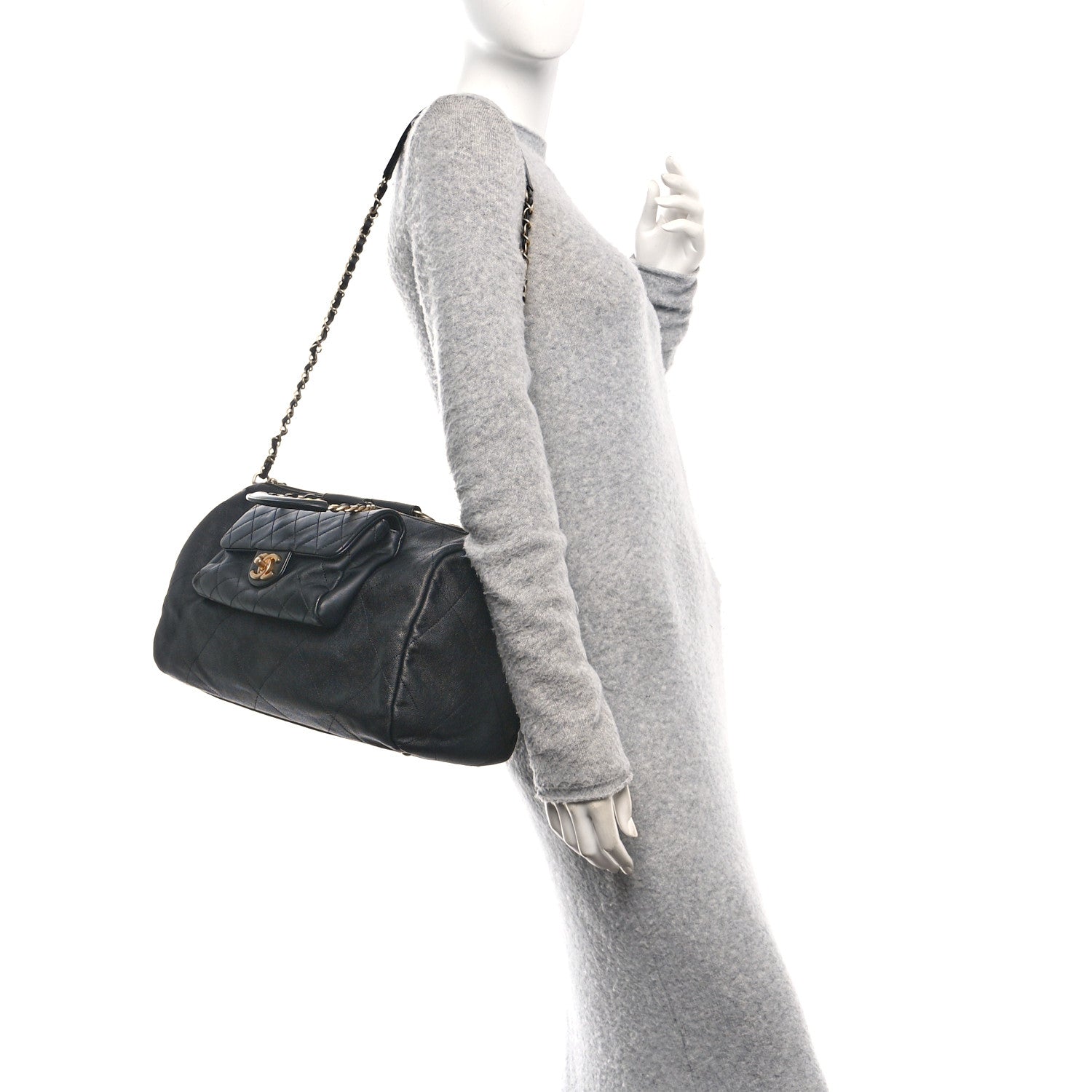 Grained Calfskin Lambskin Quilted Large Bowling Bag Black
