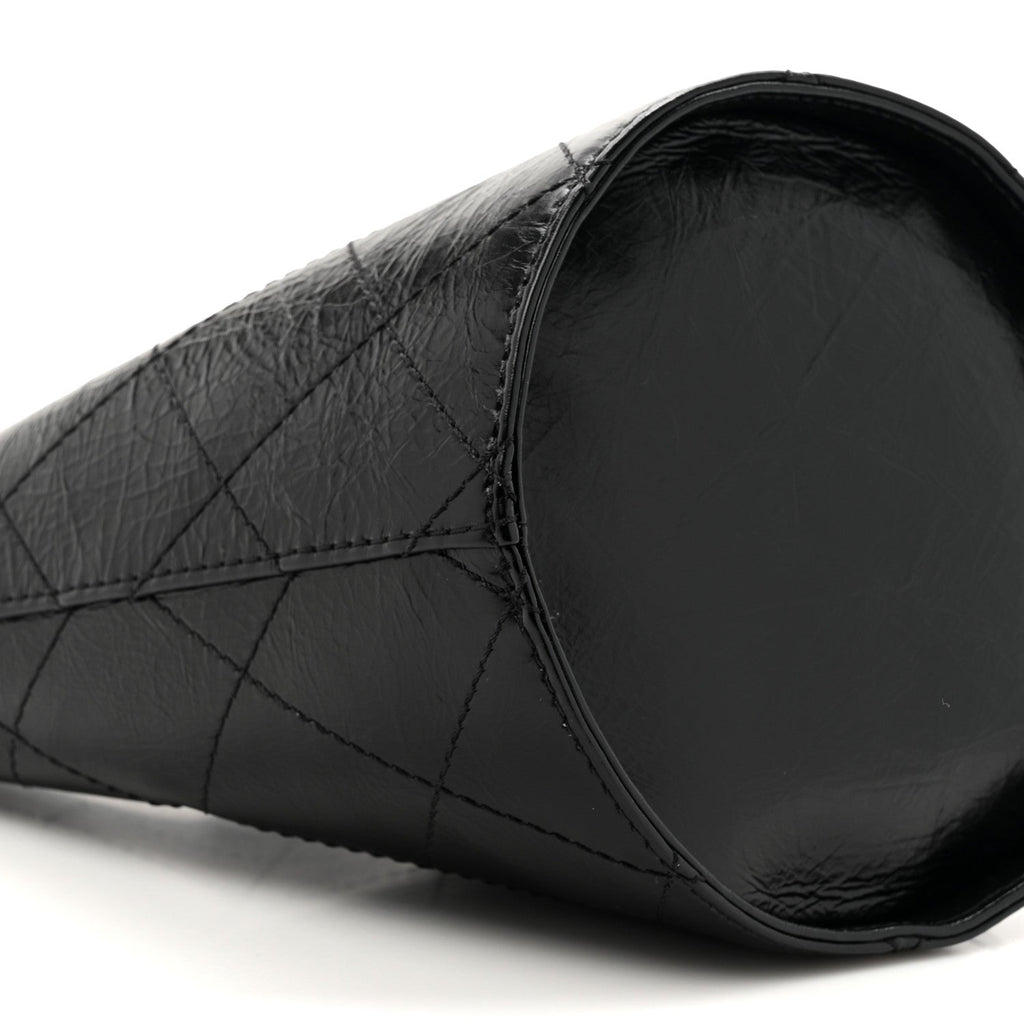 Crumpled Calfskin Quilted Chain Drawstring Bucket Bag Black