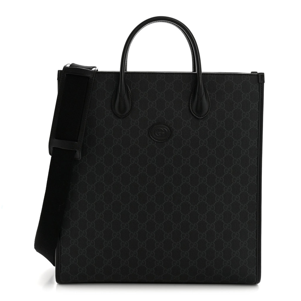 GG Supreme Monogram Azalea Calfskin Web Medium Retro Interlocking G Vertical Tote Bag Black