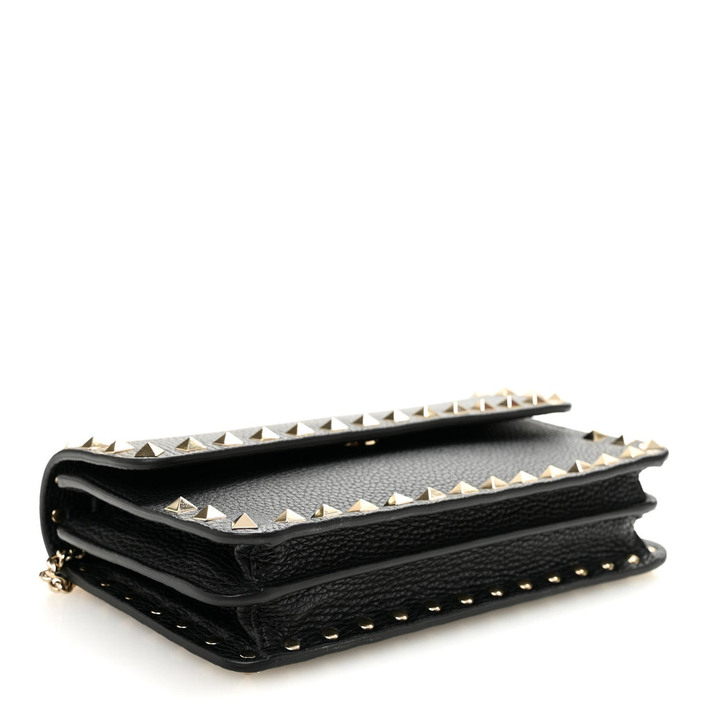 Pebbled Calfskin Rockstud Flap Wallet On Chain Black