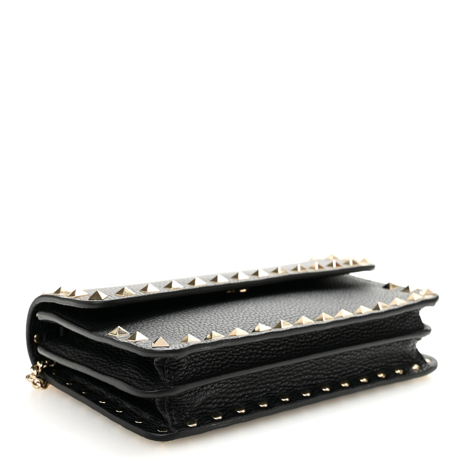 Pebbled Calfskin Rockstud Flap Wallet On Chain Black