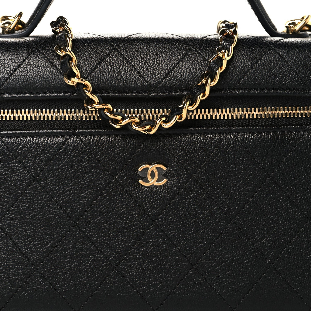 Goatskin Stitched Top Handle Slim Vanity With Chain Black