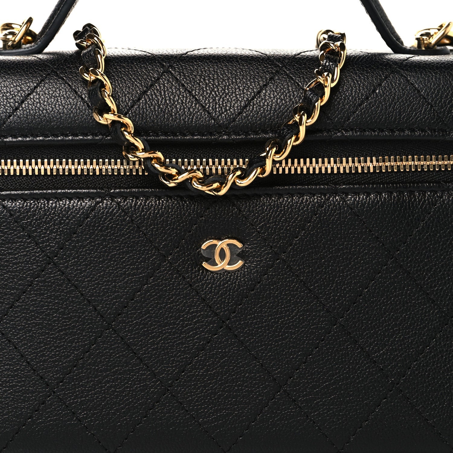Goatskin Stitched Top Handle Slim Vanity With Chain Black