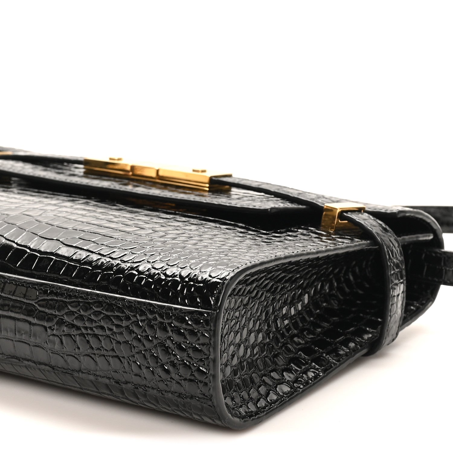 Shiny Calfskin Crocodile Embossed Small Manhattan Baguette Black