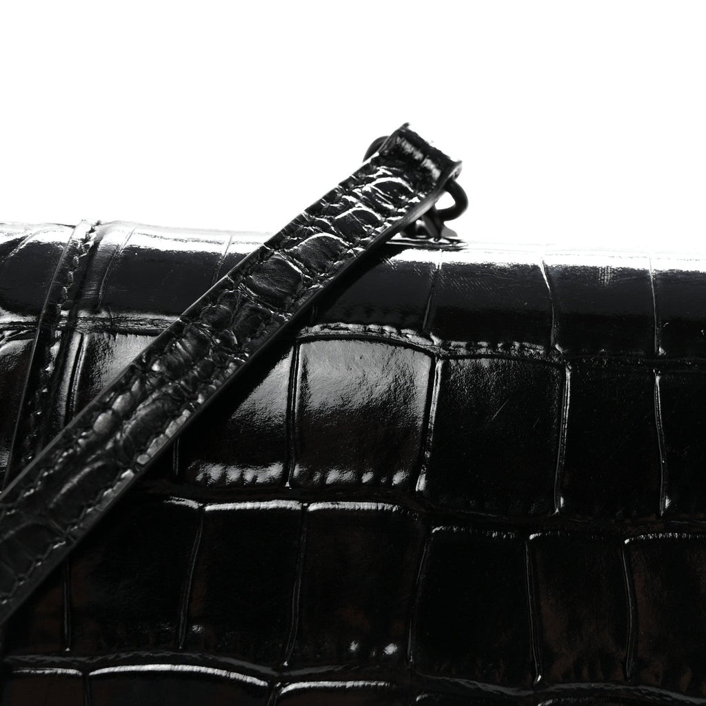 Shiny Calfskin Monochrome Crocodile Embossed Small Hourglass Evening Chain Bag Black