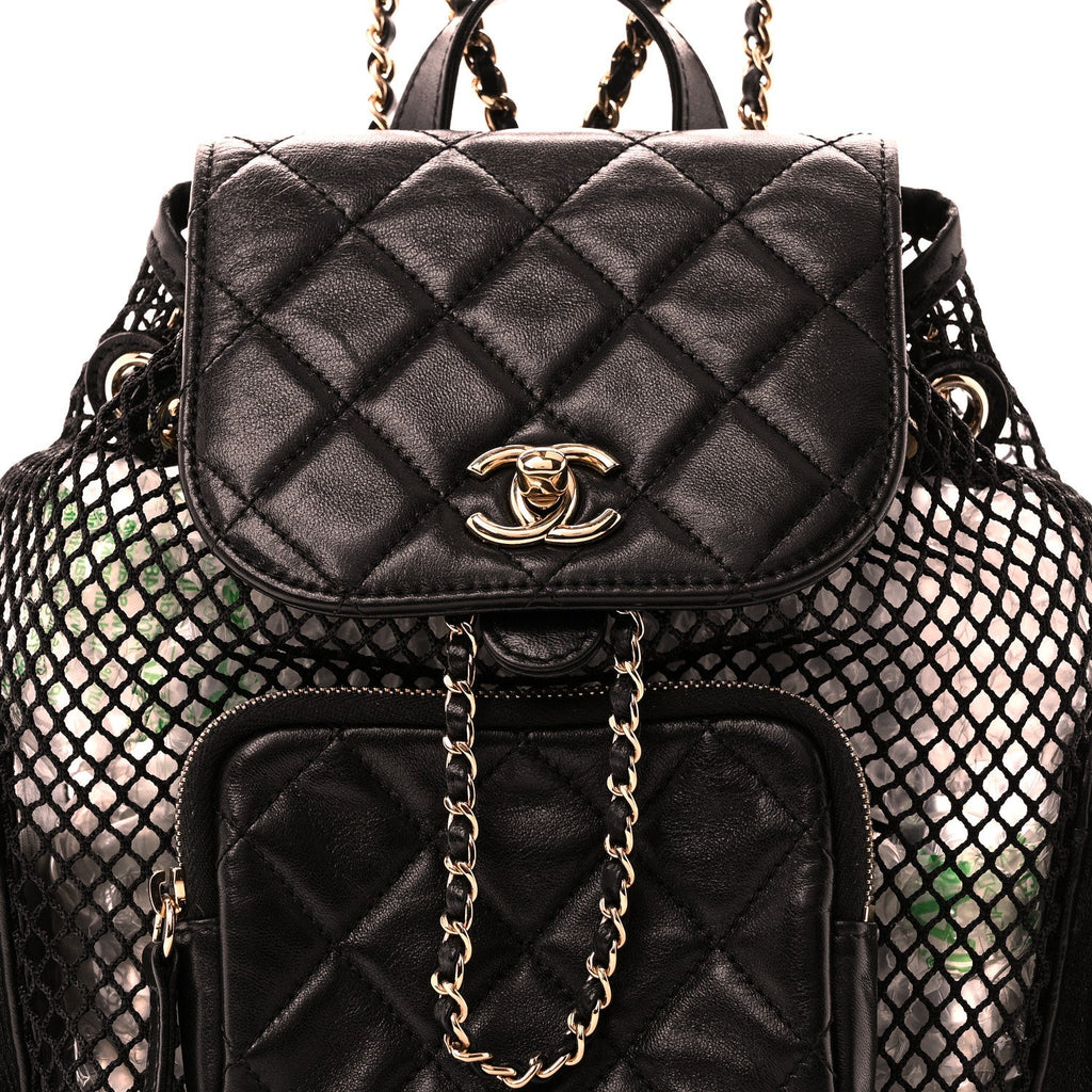 Shiny Lambskin Mesh Quilted Small Cargo Duma Drawstring Backpack Black