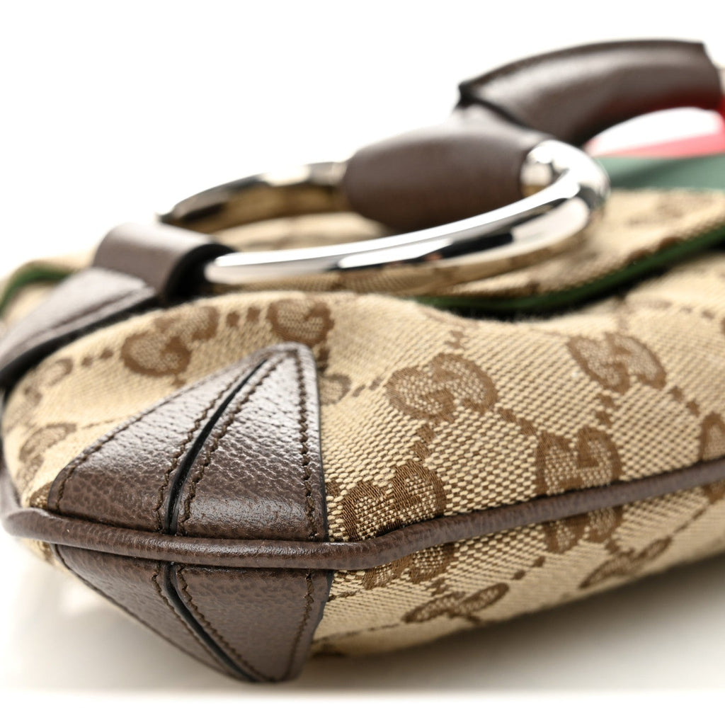 Monogram Textured Dollar Calfskin Heavy Grosgrain Web Medium Maxi Horsebit Chain Shoulder Bag Beige Ebony New Acero