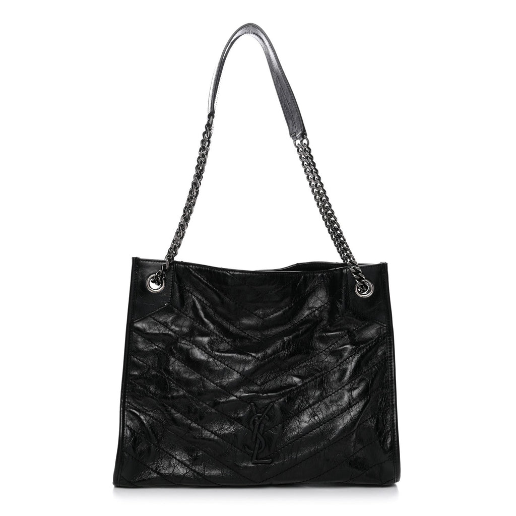 Crinkled Calfskin Matelasse Monogram Medium Niki Shopper Tote Black