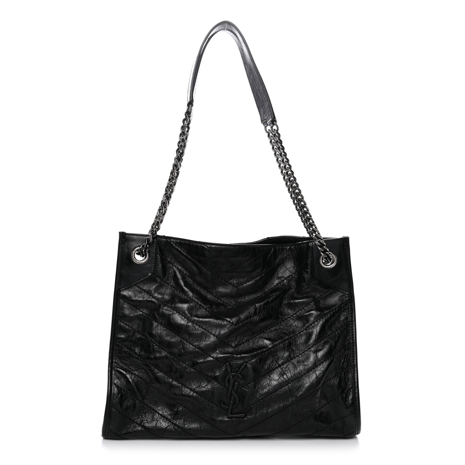 Crinkled Calfskin Matelasse Monogram Medium Niki Shopper Tote Black
