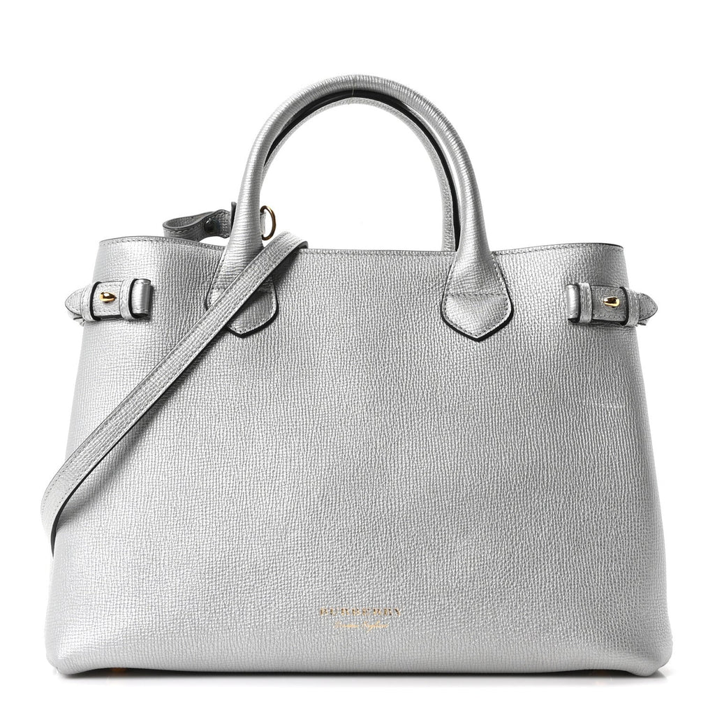 Metallic Grainy Calfskin House Check Medium Banner Tote Silver