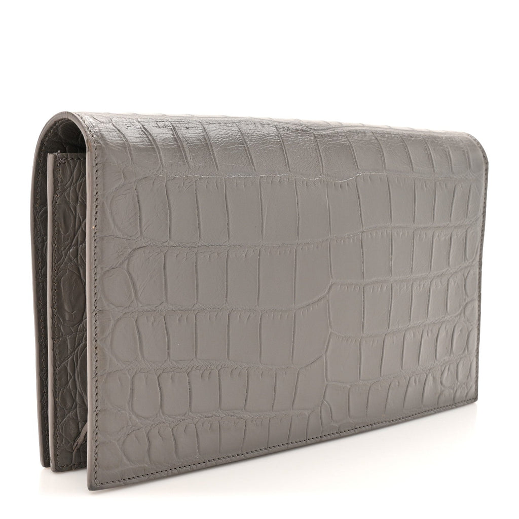 Croc Embossed Calfskin Classic Kate Monogram Clutch Fog