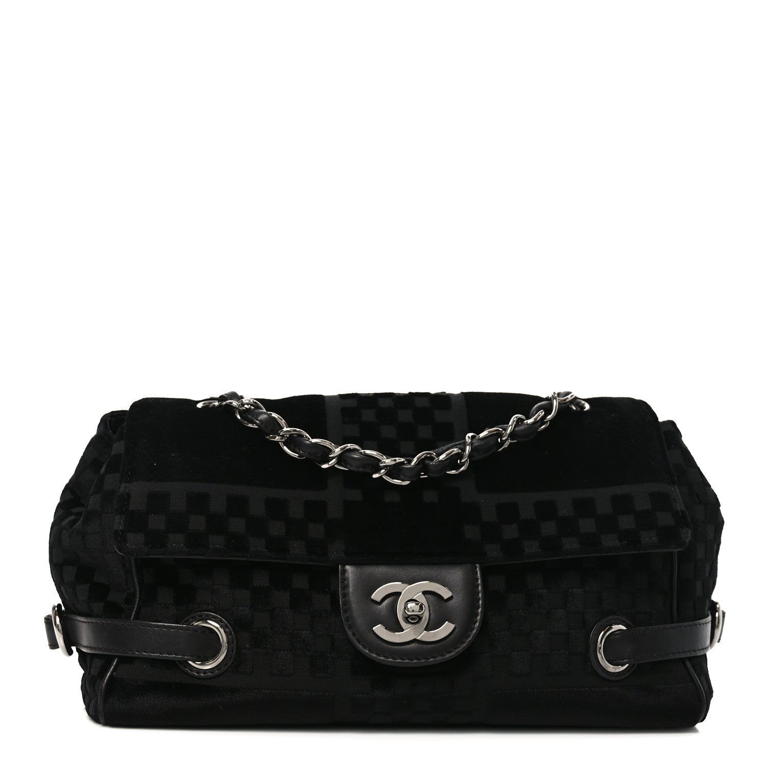 Velvet Checkered Flap Bag Black