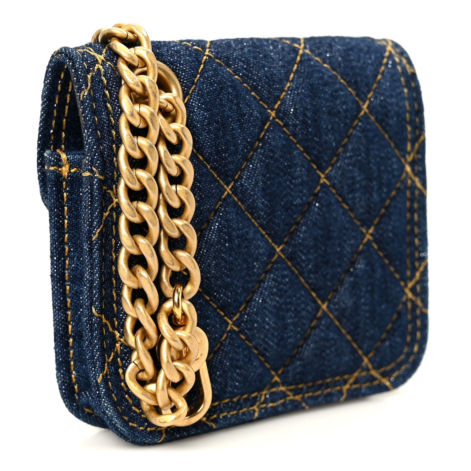 Denim Quilted Double You Flap Bag Charm Blue
