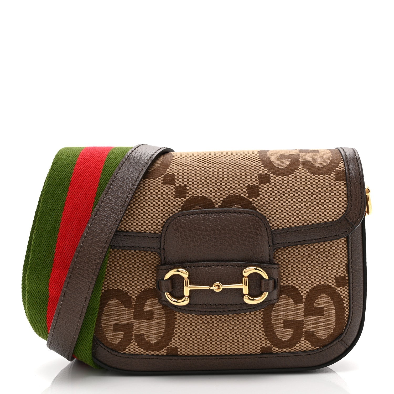 Monogram Jumbo GG Textured Dollar Calfskin Web Mini Horsebit 1955 Shoulder Bag Camel Ebony New Acero