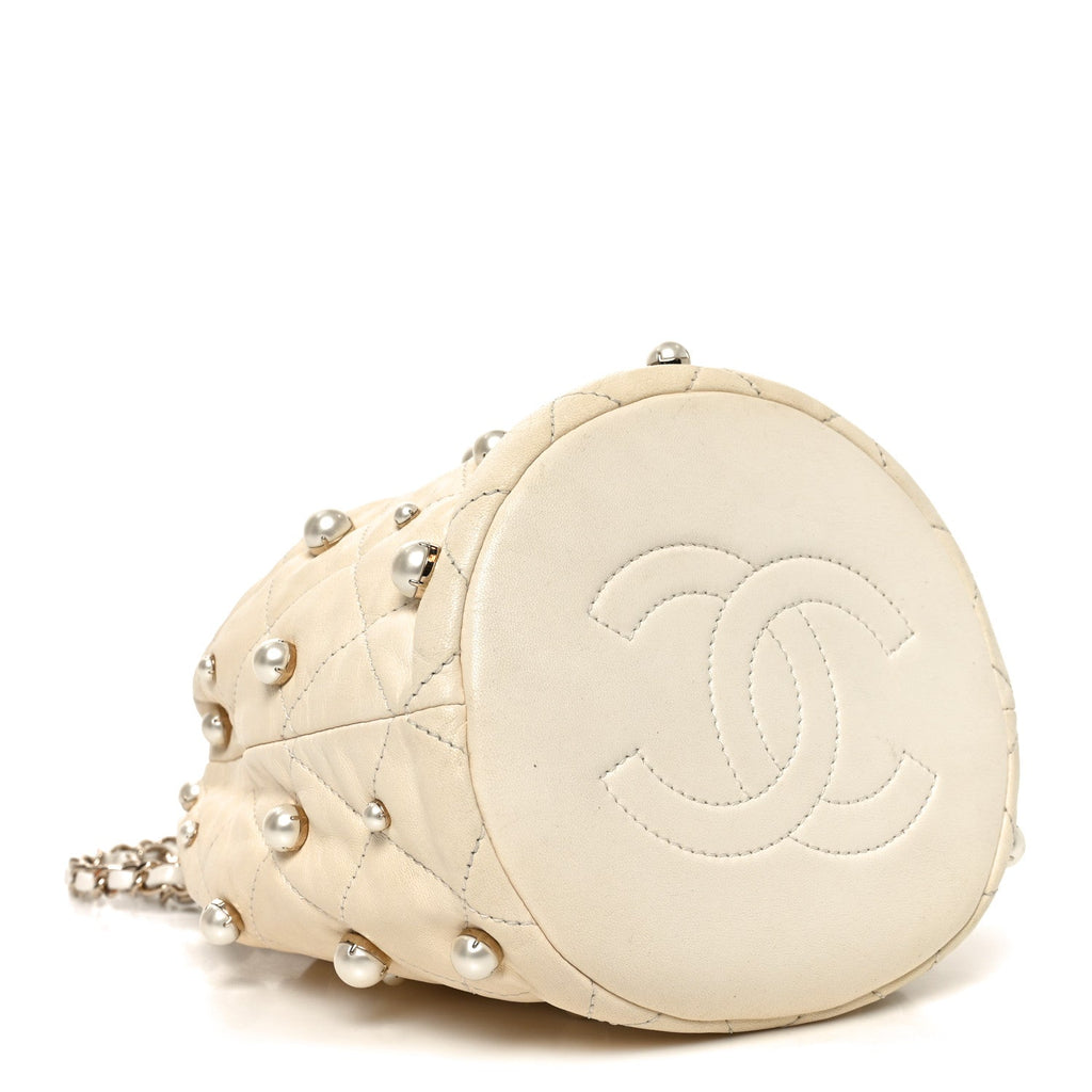 Lambskin Quilted Pearl Mini About Pearls Drawstring Bag White