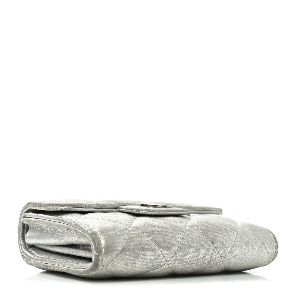 Metallic Lambskin Quilted Flap  Holder Wallet Silver